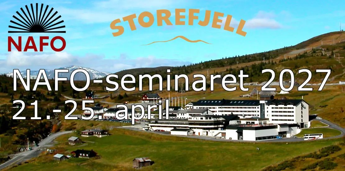NAFO-seminaret 2027 banner over Storefjell mountain hotel, April 21-25